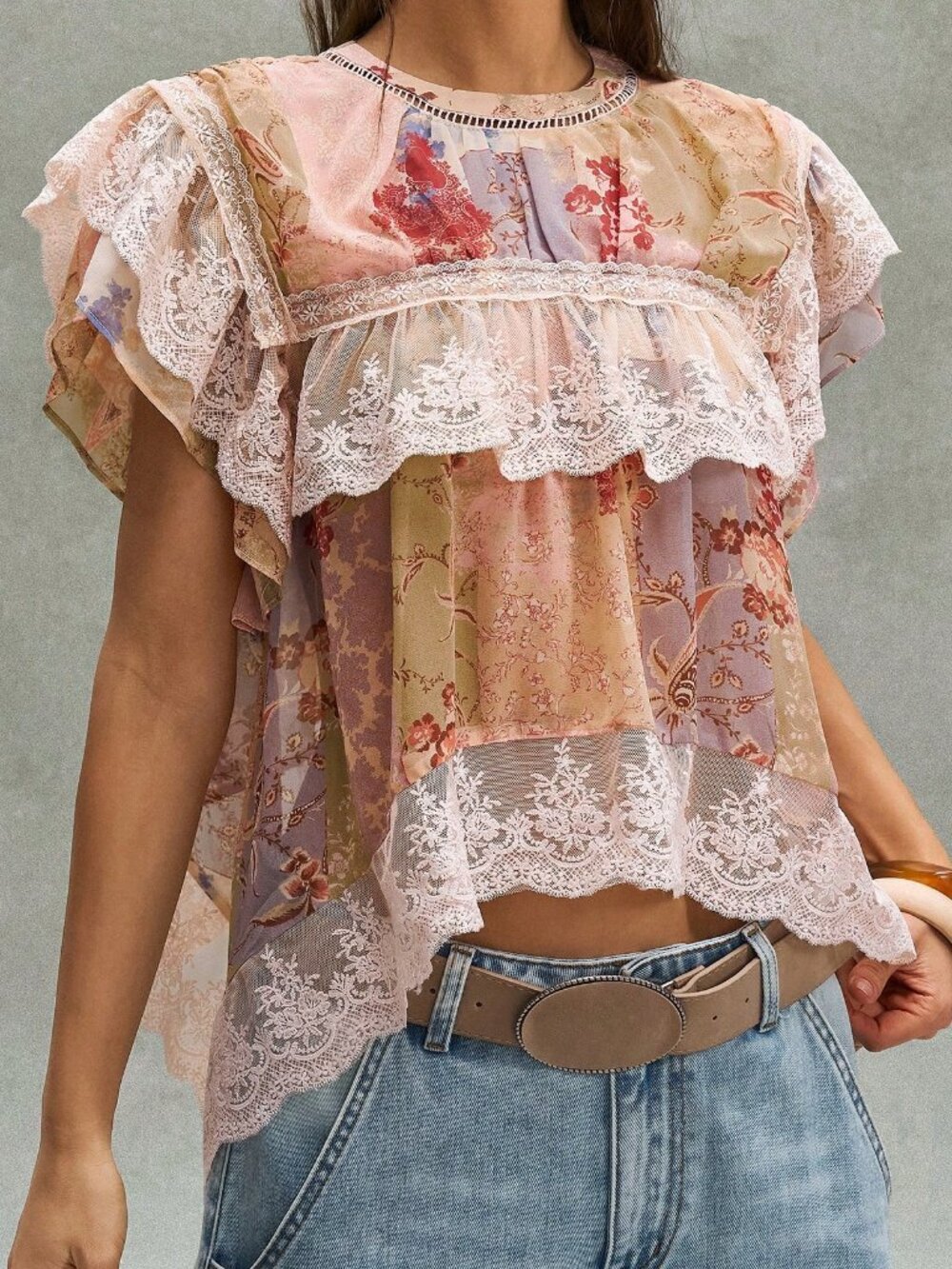 Army Green Boho Women's Casual Contrast Lace Floral Print Ruffle Sleeve Blouse - Picture 4 of 8